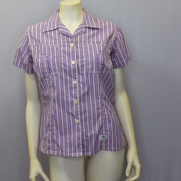 CALVIN KLEIN  BUTTON ‎ UP Striped TOP  PET MD - Picture 1 of 6